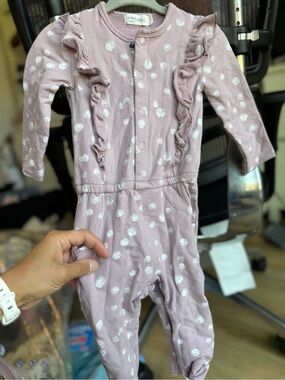 Mauve Pink Ruffle Baby Footed Onesie with White Dot Print